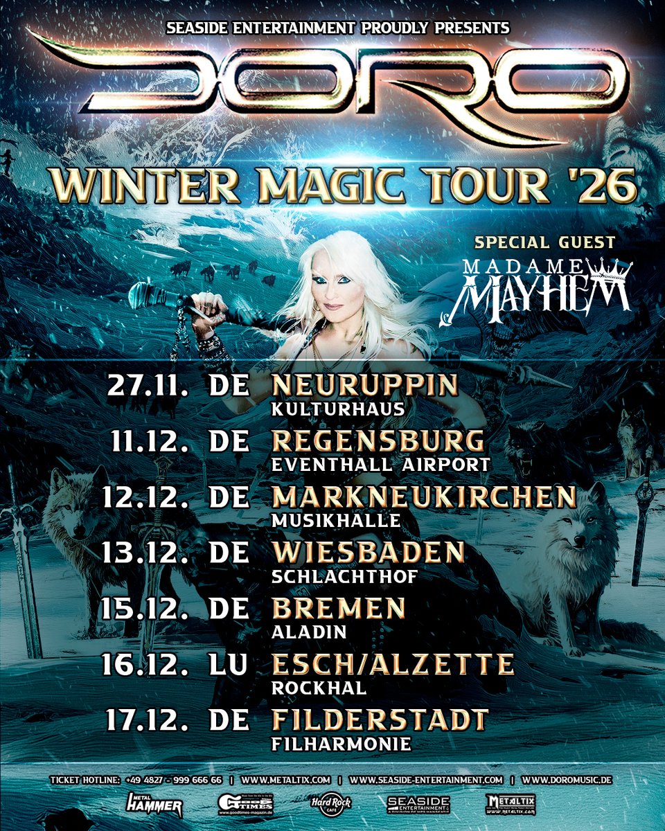 DoroOfficial's tweet photo. Please welcome our friends #MadameMayhem to my Winter Magic Tour! This will be awesome! New cities, new show, new surprises! Get your tickets right here: https://t.co/RhmGg94BDj
π€πͺβ€οΈπ
#Love, #Doro Pesch
#doropesch
#conqueress
#warlock
#allweare https://t.co/uylyfr0F0Q