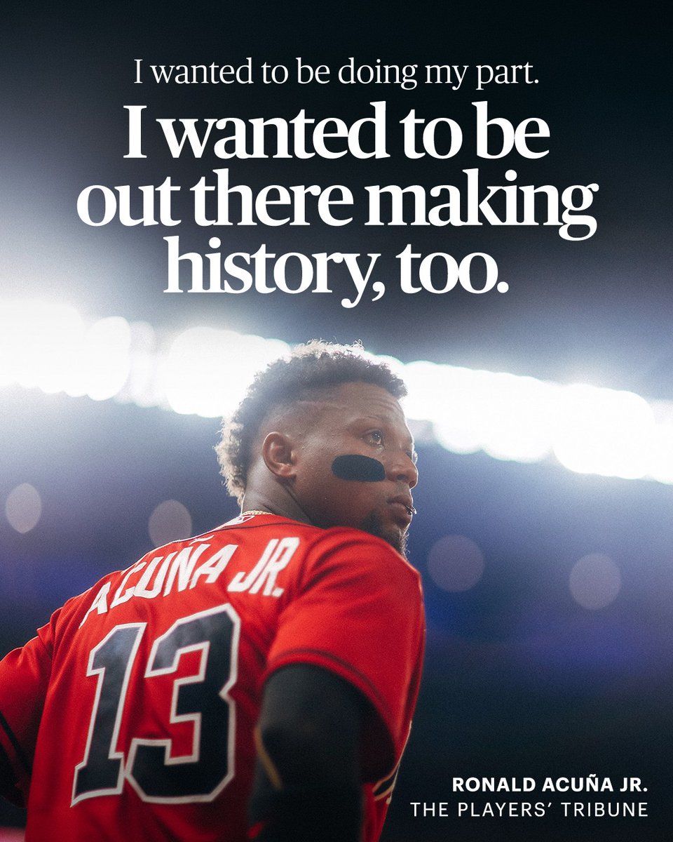 PlayersTribune's tweet photo. When the @Braves won the World Series in 2021, Ronald Acuña Jr. (@ronaldacunajr24) had to watch from the sidelines due to his knee injury. He opened up about that time: “There is so much unfinished business for me with the Atlanta Braves, and I am prepared to do everything in my power to help us win another World Series. This time, though, I want to be a big part of it when it happens. 

That year when I tore my ACL, 2021 … that was like a nightmare for me in so many ways. And I want to do everything I can to put it in the past. Back then, I couldn’t walk for a long time, for months. I felt helpless. And I absolutely fell into a depression. At the time, I would always ask my friends: ‘Do you think I'll play again? Do you believe I will return as the same player?’ And they would all tell me everything was going to be fine. 

But none of that helped. I was just so down. 

I wanted to be playing. I couldn’t accept not being out there. There was about three or four months of that, and eventually I had to go into therapy. I was really suffering, and I needed to work my way out of it. 

I didn’t want to go at first. I never saw myself in that situation, so I kind of rebelled initially. But then it was like: I have to do this … because if I don’t do my part here, I’m never going to fully recover. I may never play again.

It was all very difficult. Early on, someone had to hold my foot up for me to do things — my parents, or one of my good friends back home, Leonard. Someone would have to carry me, or lift me up, or help me get dressed, someone had to bathe me. It took a toll. I’d see friends having fun and going out, and I would be left behind. I was left in tears. 

They didn’t see me cry. But it depressed me. Sometimes I cried with rage. I took the crutches they gave me and threw them to the ground, tears streaming down my face. 

And, I am ashamed to say, I said a lot of bad words back then. I didn’t say them out loud. But I said them to myself, within myself. 

It was like, excuse the word: Damn it! Why am I here?

After the injury, I didn’t watch the team play very much because it would just make me sadder. 

I started watching again during our playoff run, and it made me glad to know that the boys were playing so well. But if I’m being honest with you, when we won the World Series … I was happy, but … I couldn’t tell you that I enjoyed it 100%. 

I wanted to be doing my part. I wanted to be out there making history, too.” https://t.co/RmuSayiff5