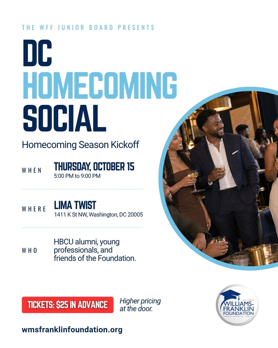 WFFScholarship's tweet photo. Homecoming season is here! 🎉 Join the WFF Junior Board for the DC Homecoming Social.
📅 Thursday, October 15, 5 to 9 PM
📍 Lima Twist, Washington, DC
🎟️ $25 in advance, higher at the door
Tickets: https://t.co/ikuhmQhe7h
#WFF #HBCUHomecoming #WashingtonDC https://t.co/fNN2va08bA