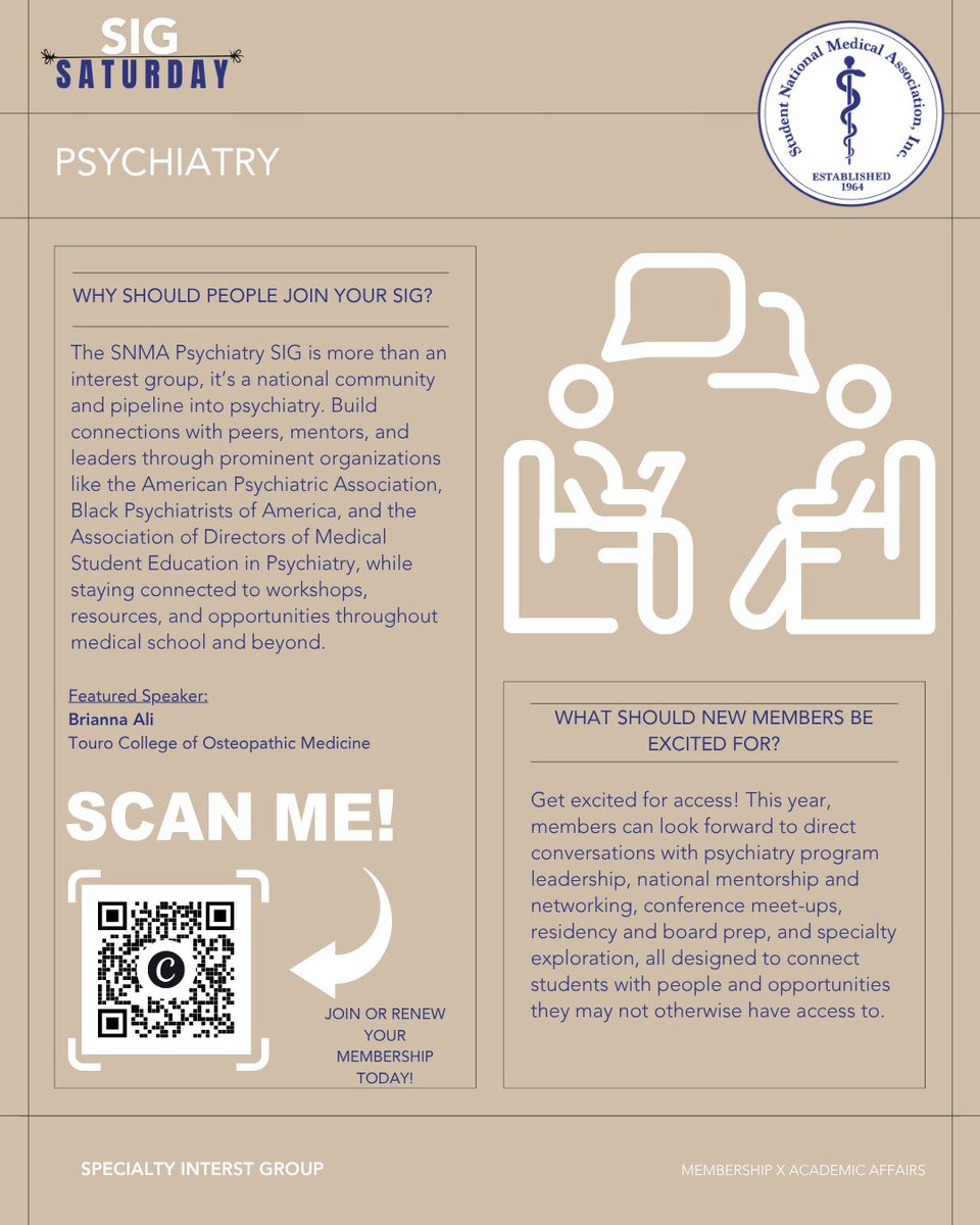 SNMA's tweet photo. Specialty Interest Groups are designed to foster community, connection, and support for all aspiring physicians. This week, hear from the Psychiatry Interest Group as they share exciting updates and opportunities for members during the upcoming academic year. https://t.co/7biEwqmEwv