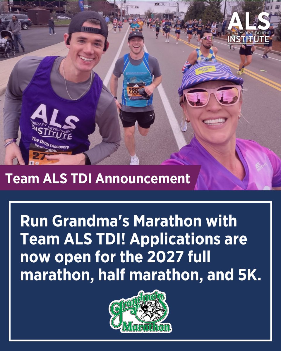 ALSTDI's tweet photo. Applications are open to run Grandma's Marathon with Team ALS TDI — full, half, or 5K, June 18–19, 2027 in Duluth.

Grandma's sells out fast. A Team ALS TDI spot is your way in, and every mile funds ALS research.

Apply today: https://t.co/EsDVtAKwLc https://t.co/DdNGRk5tQs