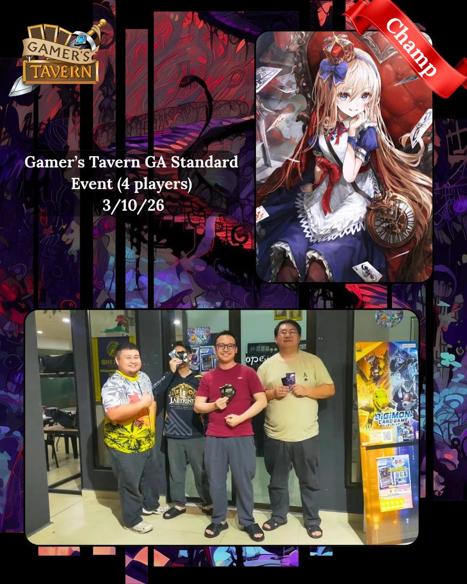 GamersTavernBN's tweet photo. 🇧🇳Gamer's Tavern Grand Archive Standard Event 3.10.2026 Results!! ✨🎊
🥇 Ah tong - Water M. Loli
🥈 Bawi - Fire Luxem Xander
🥉 Sting - Fire Umbra Ciel
Deck Distribution: (4 players).
#gamerstavern #Brunei #BruneiLocalTCGStore #grandarchiveTCG #WeebsoftheShore https://t.co/YGJtYWccGe
