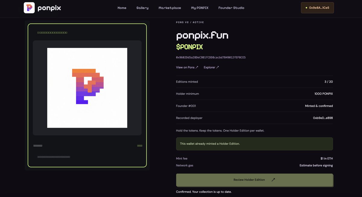 PonpixdotFun's tweet photo. The Ponpix NFT collection is live: 20 total editions, with 3 already minted.

Founder Edition #001 belongs to the token deployer. Holder Editions #002 and #003 have also been minted, leaving 17 editions available.

Each NFT carries frozen artwork, an individual edition number, and permanent metadata.

To mint a Holder Edition, hold at least 1,000 $PONPIX. Minting is limited to one per eligible wallet, and your tokens stay with you. The mint fee is US$1 in ETH, plus network gas.

The collection has begun. Mint your piece of PONPIX.

https://t.co/KLTqEFh1xY