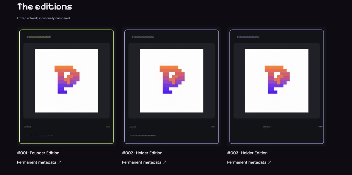 PonpixdotFun's tweet photo. The Ponpix NFT collection is live: 20 total editions, with 3 already minted.

Founder Edition #001 belongs to the token deployer. Holder Editions #002 and #003 have also been minted, leaving 17 editions available.

Each NFT carries frozen artwork, an individual edition number, and permanent metadata.

To mint a Holder Edition, hold at least 1,000 $PONPIX. Minting is limited to one per eligible wallet, and your tokens stay with you. The mint fee is US$1 in ETH, plus network gas.

The collection has begun. Mint your piece of PONPIX.

https://t.co/KLTqEFh1xY