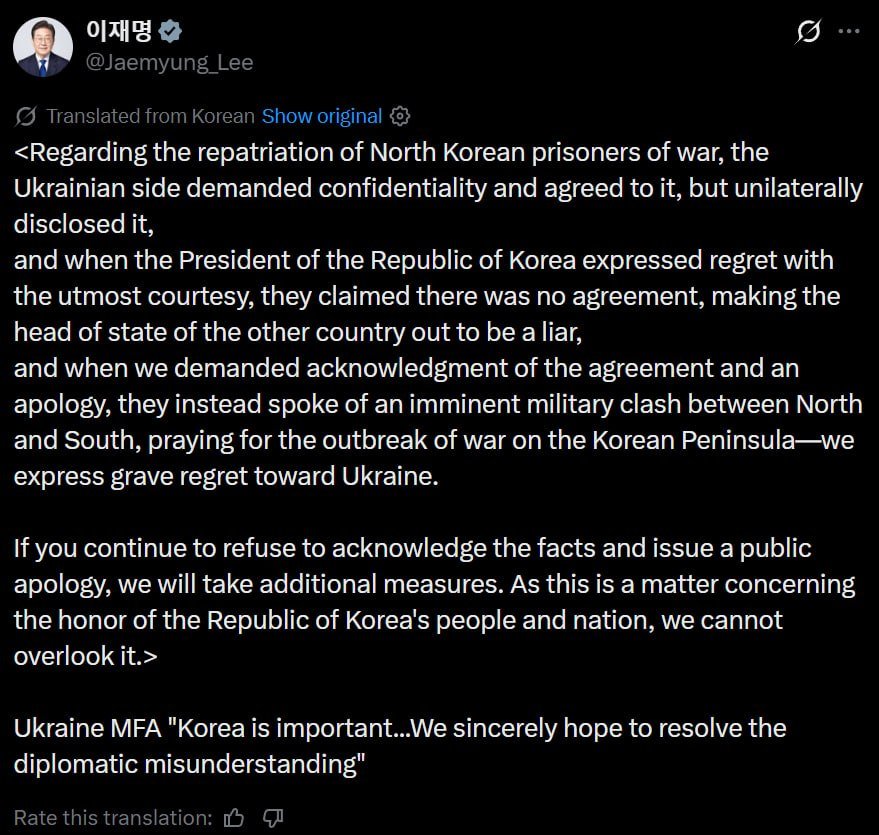 WarReportsLive's tweet photo. 🚨 South Korean President Lee Jae-myung has threatened “additional measures” against Ukraine unless Kyiv publicly acknowledges a confidentiality pact and issues an apology.

The dispute stems from Zelenskyy revealing two North Korean POWs were sent to Seoul. 🧵👇 #SouthKorea #Ukraine