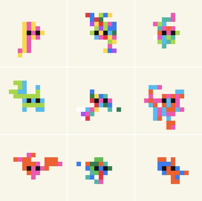 Nine colorful pixel-art figures are arranged in a 3x3 grid, each constructed from multicolored blocks with two black pixel "eyes" on a cream background.