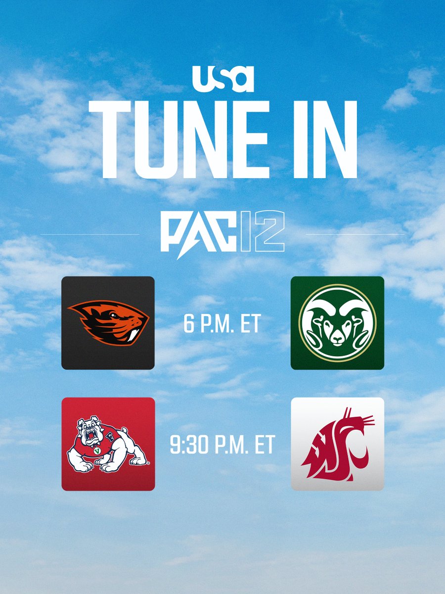 usasports's tweet photo. The Pac-12 race starts TODAY 🏈

Conference play is here with a doubleheader on USA Network 📺

• Oregon State vs Colorado State at 6 p.m. ET
• Fresno State vs Washington State at 9:30 p.m. ET https://t.co/O1jkUxalIq