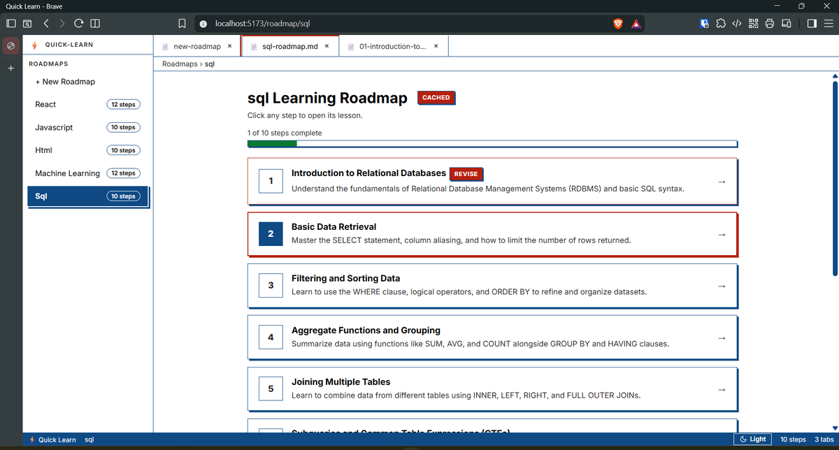 gorai_abhijit_'s tweet photo. so there was a hactoberfest hack-day event at my college . made a fun project called quick-learn

Choose any topic , get a step by step roadmap ,open any subtopic from it , study that topic and ask doubts, attempt a quiz to solidify learning.
url-https://t.co/Og8B5z9Ycx https://t.co/wEcHJbWGay