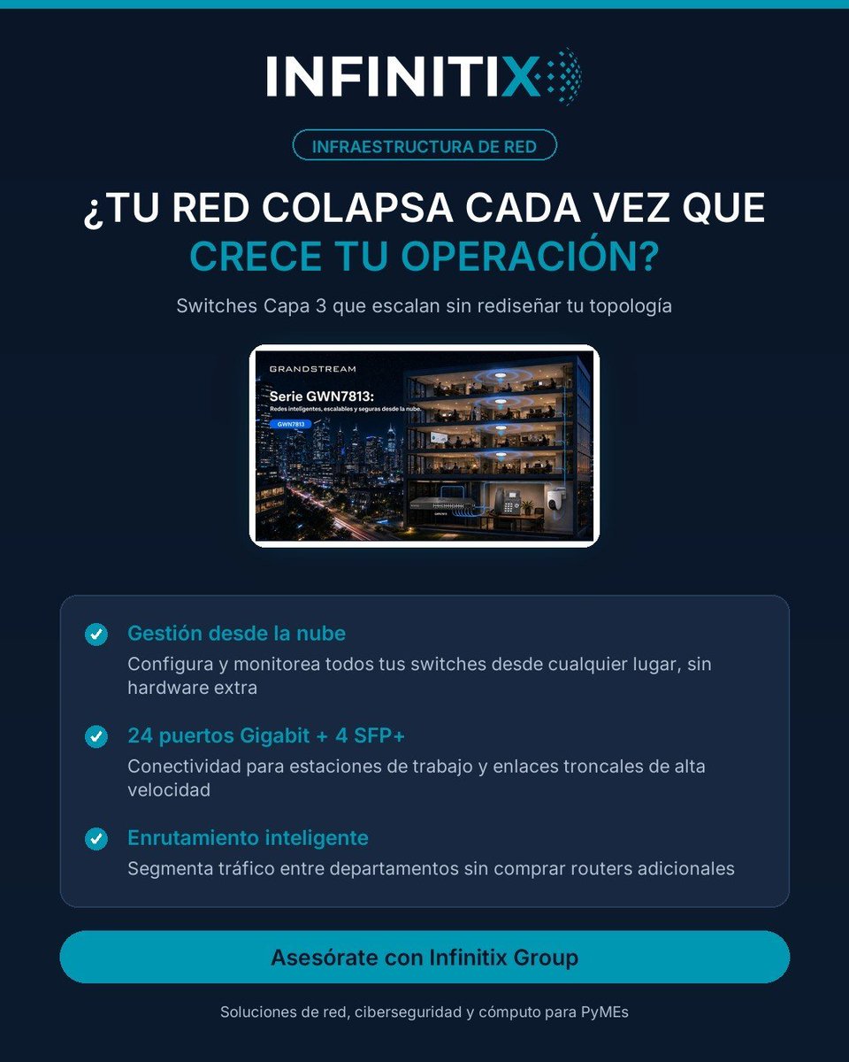 Infinitixgroup's tweet photo. Tu red colapsa cada vez que crece tu operación porque los switches básicos no segmentan tráfico. Los switches Capa 3 enrutan entre VLANs sin hardware extra: administración, producción y visitantes en carriles separados. Escríbenos. #InfraestructuraDeTI https://t.co/h8AqArFzTb
