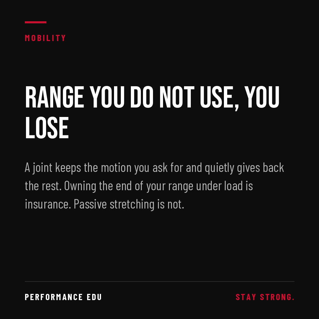edurenofitness's tweet photo. Range you do not use, you lose. A joint keeps the motion you ask for and quietly gives back the rest. Owning the end of your range under load is insurance. Passive stretching is not. #Mobility #InjuryPrevention #MovementQuality #RenoFitness https://t.co/vc2DoVTLBf