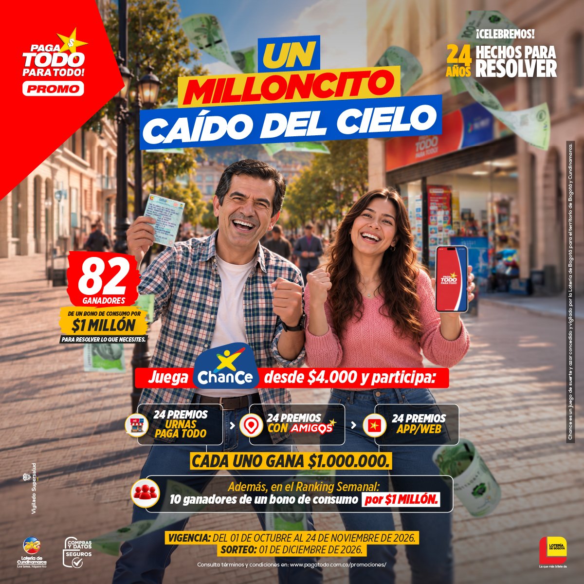 pagatodo's tweet photo. 💸 ¡Un Milloncito Caído del Cielo puede ser para ti! ❤️
Celebra el aniversario de Paga Todo jugando Chance desde $4.000 y podrás ganar uno de los 82 bonos de consumo de $1 millón. 
🍀 Además, entrarás al ranking semanal, donde también tendrás la oportunidad de ganar bonos de consumo de $1 millón.
✨ ¡Juega y deja que la suerte te sorprenda para Resolver lo que necesitas! ✨