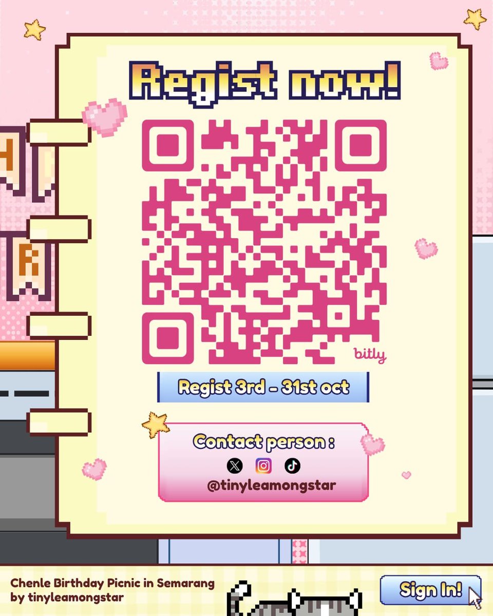 tinyleamongstar's tweet photo. [OPEN REGISTRATION IS OPEN!] 🍪

Registrasi untuk “Chenle Cookies Quest” di Semarang is NOW OPEN! 🧺

​⏰ Open Registration : 3– 31 Oktober 2026
🚨 LIMITED SLOT! 
​🔗 Scan the QR Code or click the link here:
 https://t.co/S08Zsi4Qpu

​See you there! 

https://t.co/7XaNezb9qw https://t.co/xRpDaC6KTo