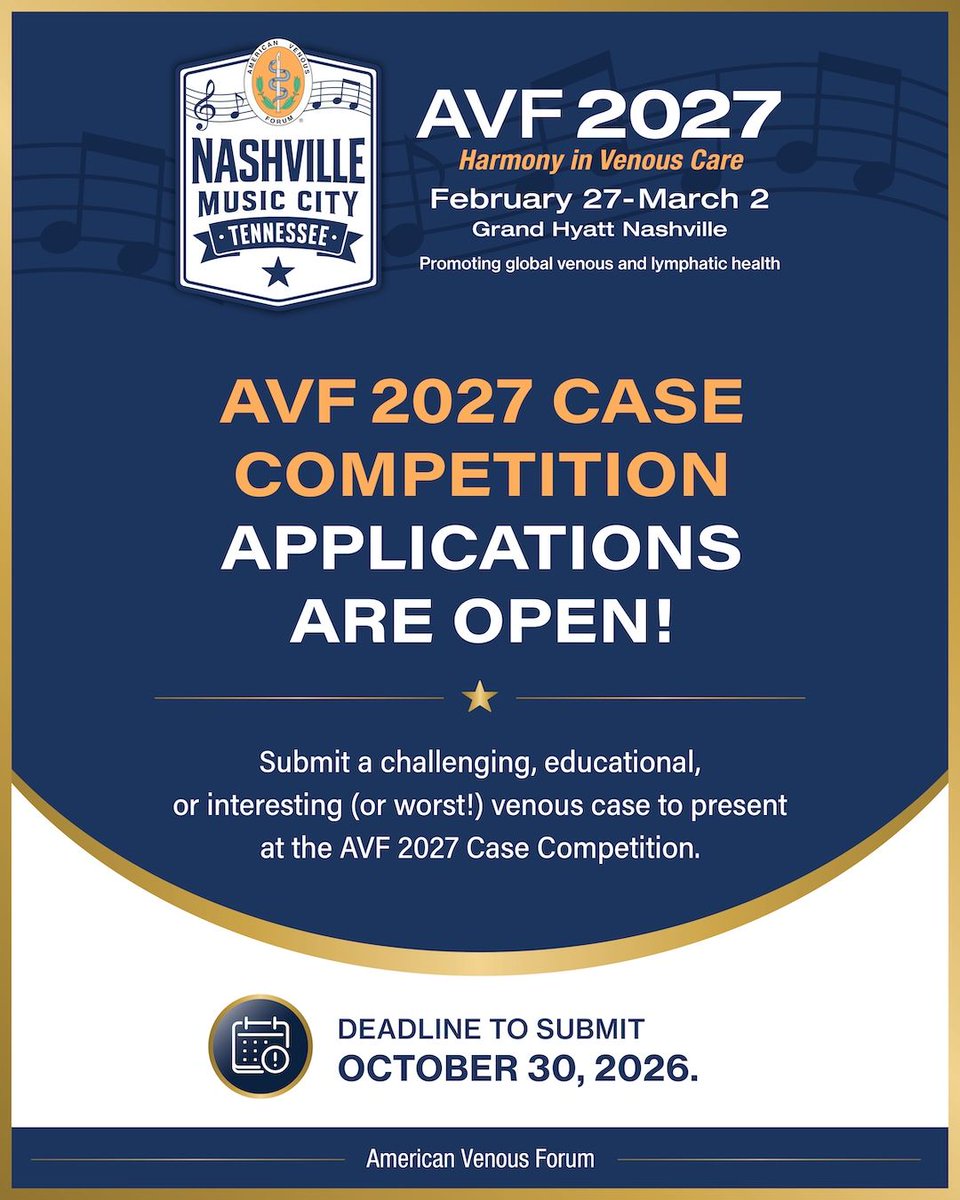 VenousForum's tweet photo. The AVF 2027 Case Competition deadline is coming up, October 30 is closer than you think!
Submit your best (or worst!) venous case for the chance to present live in Nashville.
Apply Now: https://t.co/uxpISqAD58
#AVF2027 #VenousDisease #LymphaticHealth #CaseCompetition https://t.co/IMa1tKTuwR