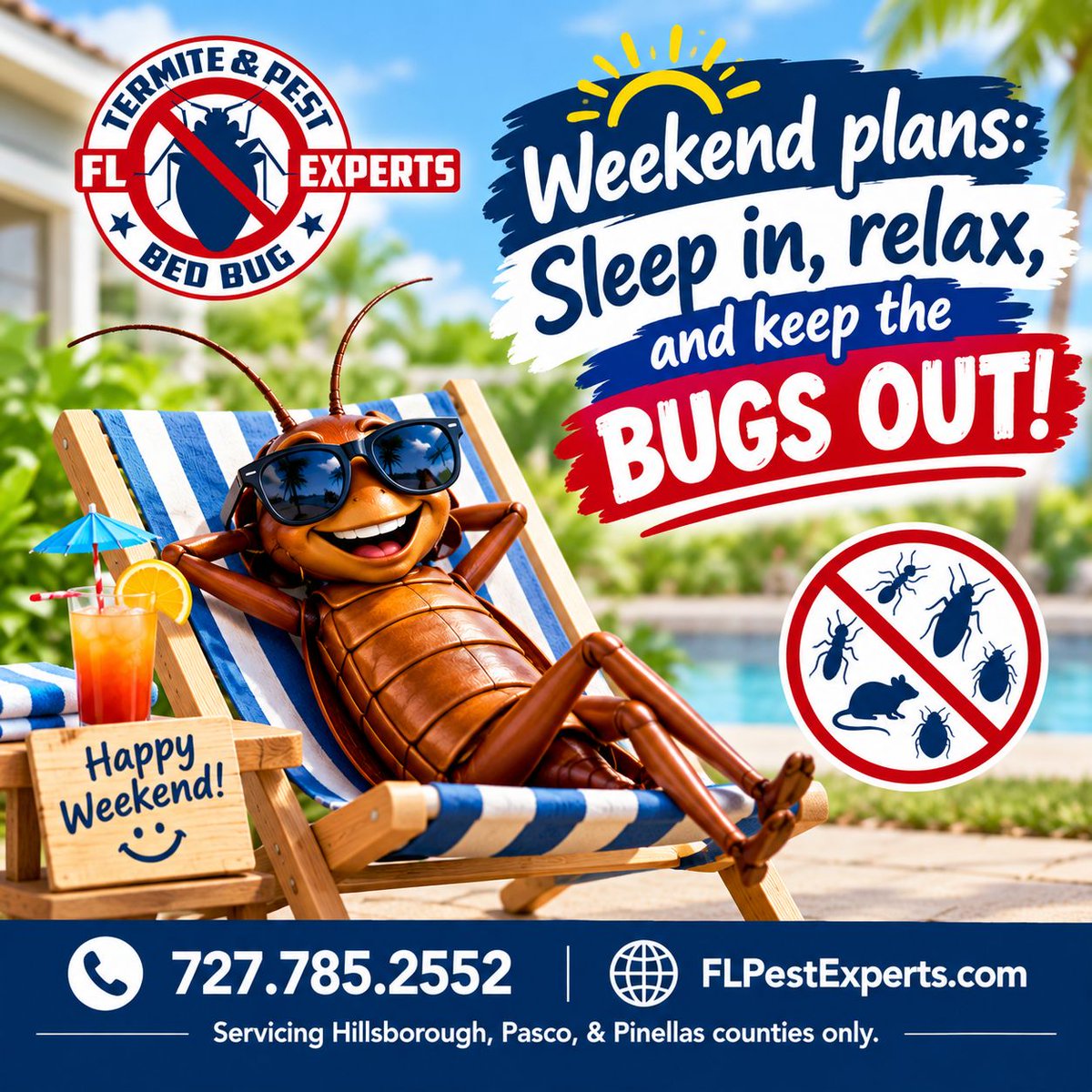 Flbedbugexperts's tweet photo. Weekend plans: Sleep in, relax, and keep the bugs OUT! ๐โ๏ธ
While youโre enjoying your well-deserved break, let us handle the pests โ weโve got you covered! ๐ 727.785.2552 ๐ https://t.co/iuHYXKpdYe #PestControl #TermiteControl #BedBugExperts FLPestExperts #KeepTheBugsOut https://t.co/Ah2BQseVwp