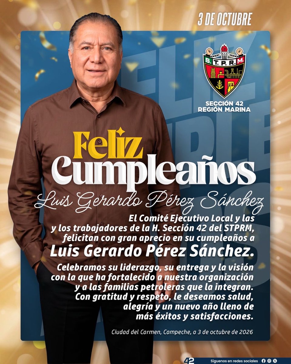 MArmandoCantuC1's tweet photo. Hoy celebramos el cumpleaños de nuestro líder, cuya visión, disciplina y entrega han fortalecido como nunca a nuestra @Seccion42_STPRM 
Que este nuevo año de vida llegue lleno de salud, alegría y satisfacciones
@lgps03101 
@MarcoAzuara1 
@JaimeGalvanMed1 
@AdyRamos 
@grupo_42 https://t.co/0Mmn8lscEC