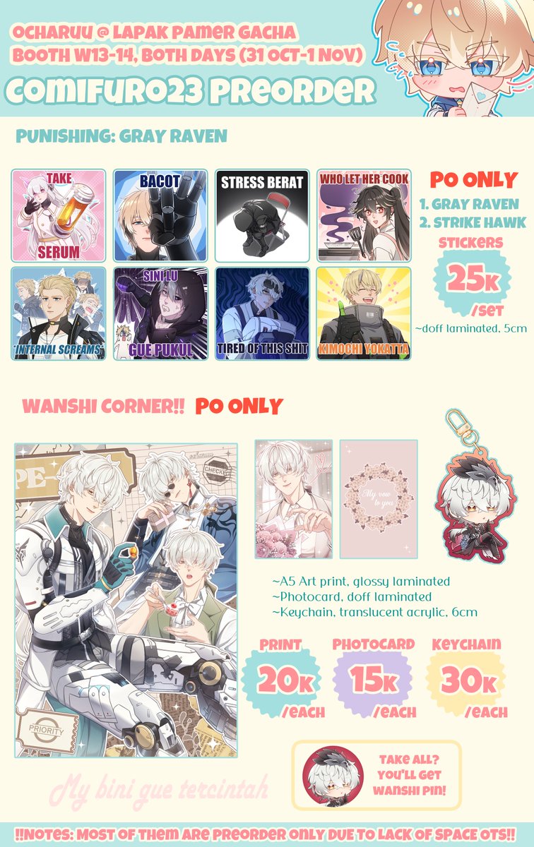 ocharuu_'s tweet photo. 🔃 &amp;🩷are appreciated
My #comifuro23 pre-order (pick up, mail order) is open^^

🌟Giveaway khusus INA (up to 100k)
1. RT &amp; like
2. Comment your wishlist &amp; tag a friend

🗓3-7 Oktober 2026
🌸PGR, Endfield, WuWa
🌸LPG W13-14 (Both Days)

Form: https://t.co/HjtxBzsBK8 https://t.co/aAzGFvuZCp