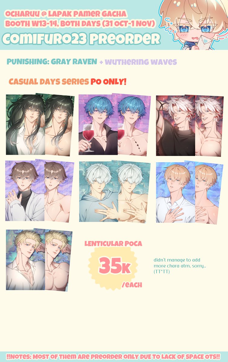 ocharuu_'s tweet photo. 🔃 &amp;🩷are appreciated
My #comifuro23 pre-order (pick up, mail order) is open^^

🌟Giveaway khusus INA (up to 100k)
1. RT &amp; like
2. Comment your wishlist &amp; tag a friend

🗓3-7 Oktober 2026
🌸PGR, Endfield, WuWa
🌸LPG W13-14 (Both Days)

Form: https://t.co/HjtxBzsBK8 https://t.co/aAzGFvuZCp