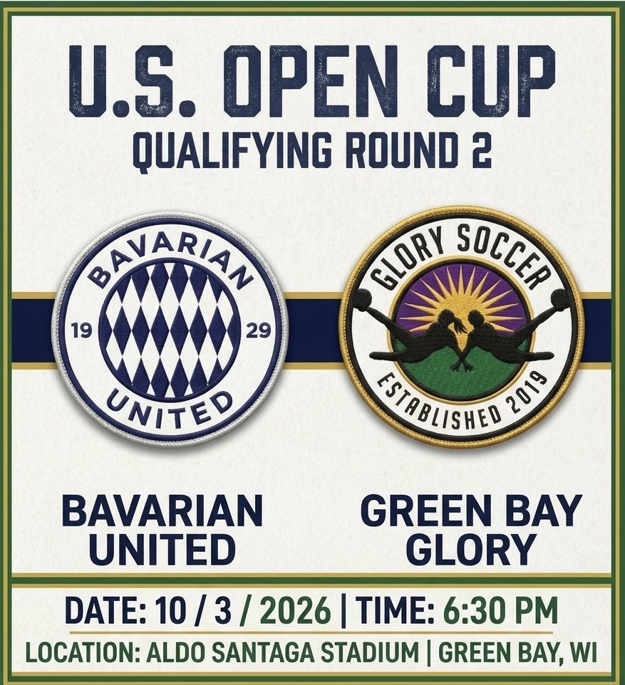 BavarianSC_Mens's tweet photo. It’s @usopencup gameday!!
6:30 tonight vs. @GBGlory
Let’s go #Bavs https://t.co/ny5oFdIv83