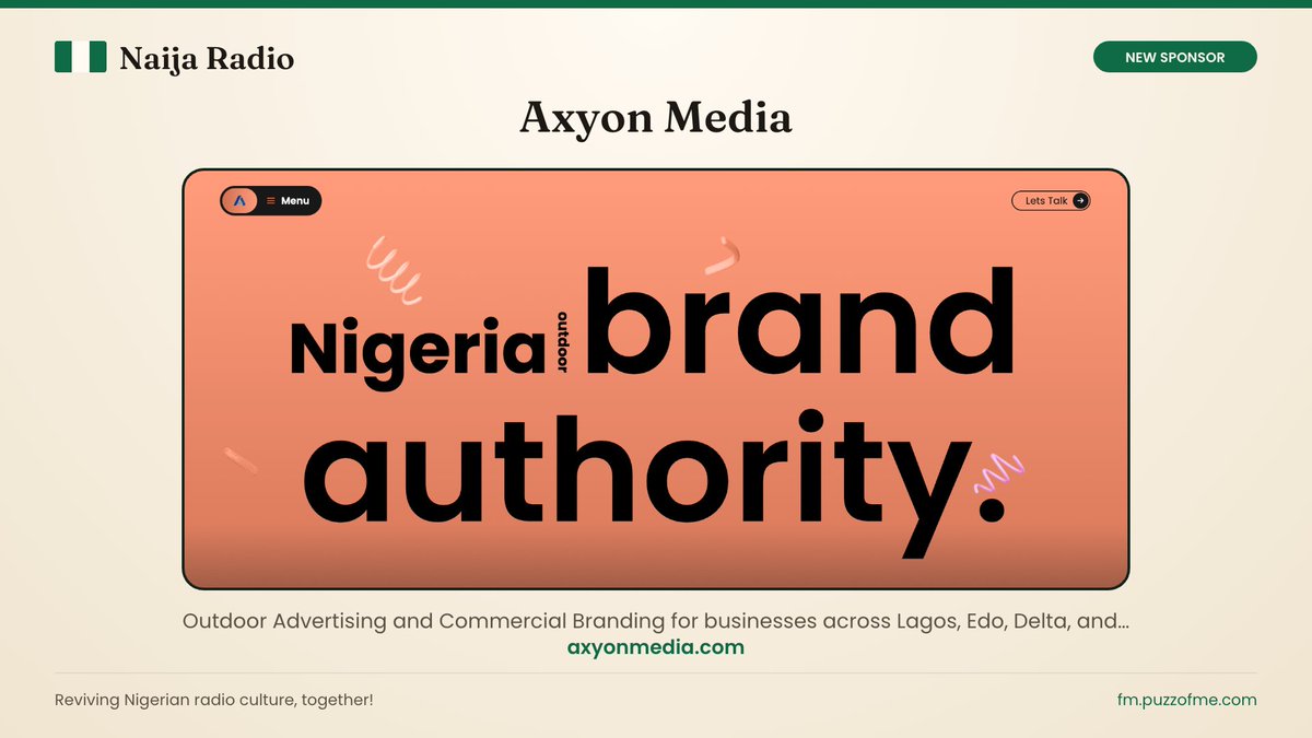 unclebigbay143's tweet photo. Another business supporting Naija Radio 📻🇳🇬
Welcome @AxyonMedia ❤️

Axyon Media helps brands get seen through strategic billboard placements, media planning and brand amplification across Lagos, Edo, Delta, Ondo, Abuja and beyond.

Want to take your brand beyond the screen and put it where people move?
Check them out → https://t.co/DtGaLyM1vu

You too can put your business in front of 3K+ Naija Radio listeners.
Become a sponsor → https://t.co/2i83jLCyDN

We’re reviving Nigerian radio culture, together! 📻❤️