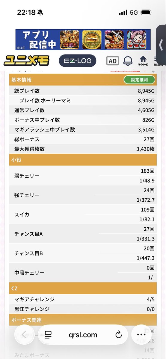 deathmelody_p's tweet photo. アイランド秋葉原で良番引いてまどか誕🎂のお祝いへ。
2,3否定でゴリゴリの偶数示唆だったから
推定4or6。
弱チェ1/48.9でボーナス確率合算1/177だったので6あってもいいかな〜って感じではあった！
無事に勝てて久々に楽しいマギレコが打てました☺️
投資:828枚
回収:4489枚 https://t.co/EigOe9bFWE