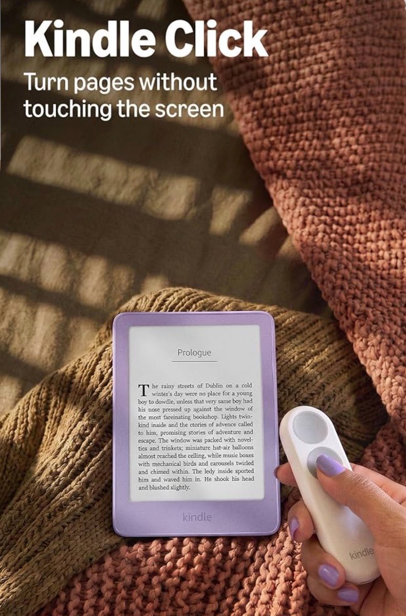 TrungTPhan's tweet photo. Amazon just released the Kindle Click, a $35 bluetooth remote control for turning book pages without having to touch the device.

Thought it was overkill until seeing this incredible use case. https://t.co/dLOMBQScLB