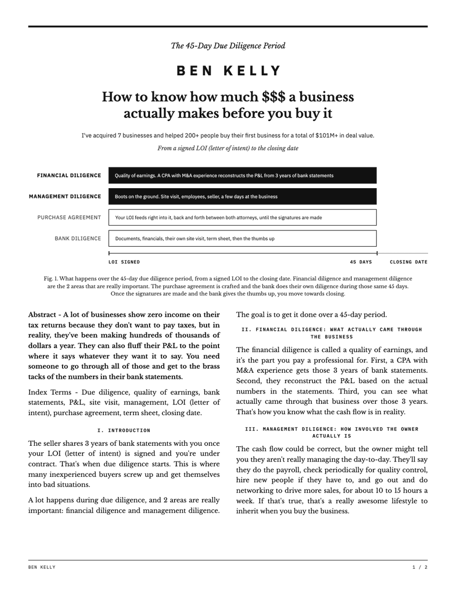 benkellyone's tweet photo. This is gold.

The numbers a seller shows you can be fluffed around to say whatever they want.

This doc shows you how to go through all the fluff and get to the brass tacks of the numbers in their bank account.

You do that by paying a CPA with M&A experience to reconstruct the P&L from the actual numbers in the bank statements.

And the doc covers what comes after that, up until the day you're the new owner of the business.

So read it now, then check out the full breakdown in the article below. https://t.co/6V09NzEQLo