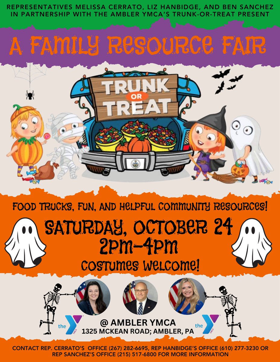 RepHanbidge's tweet photo. Our 5th Annual Trunk or Treat &amp; Family Resource Fair is happening today from 2–4 p.m. at the Ambler YMCA
We're bringing the farm to the parking lot! 🐔🐴🍎

You'll also find a whole barnyard full of organizations ready to connect families with community resources.

See you there! https://t.co/EncxsQKwF7