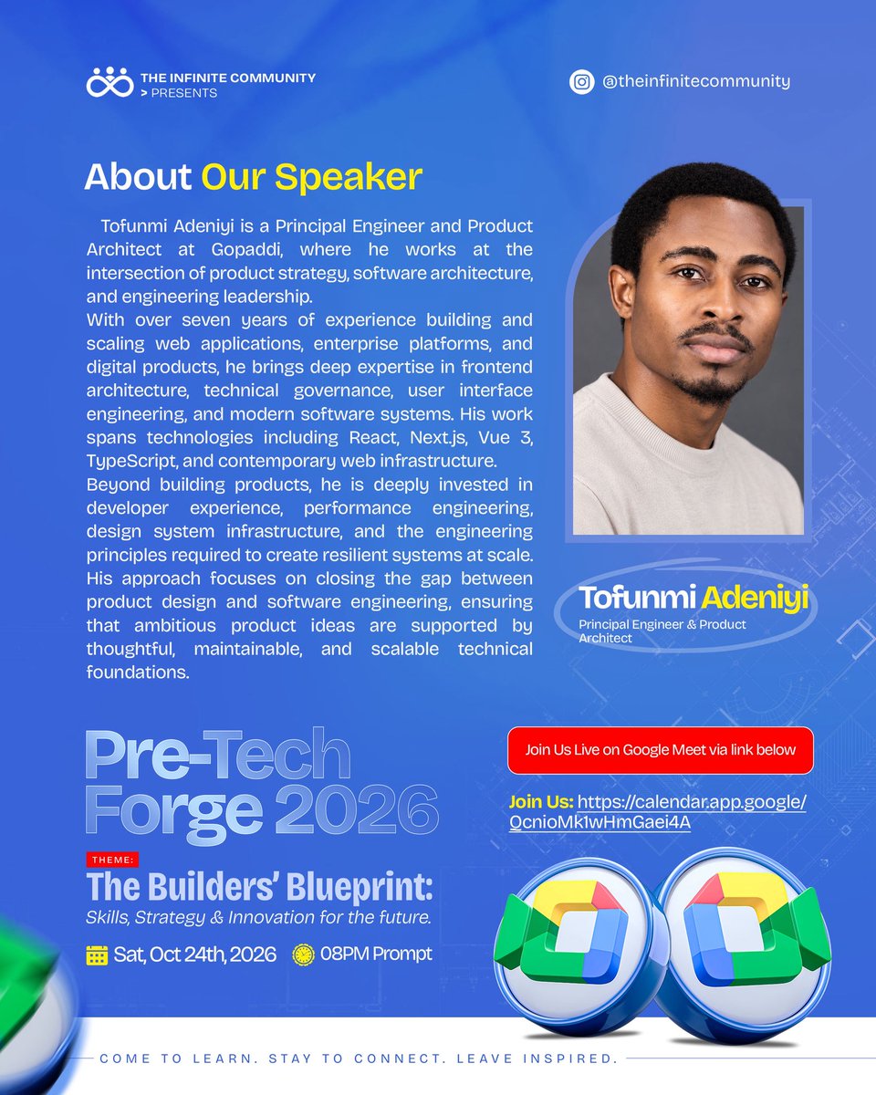 _techforge's tweet photo. It’s getting easier to build a prototype. What does it take to build something that lasts?

Meet our first Pre-TechForge 2026 speaker: Tofunmi Adeniyi, Principal Engineer & Product Architect at Gopaddi.

He’ll be speaking on “Inclusive Developer Experience: Building Frontend Infrastructure When Everyone Can Prototype.”

Bring your questions. We’re getting into the work. 👨🏽‍💻

#PreTechForge2026 #TechForge2026