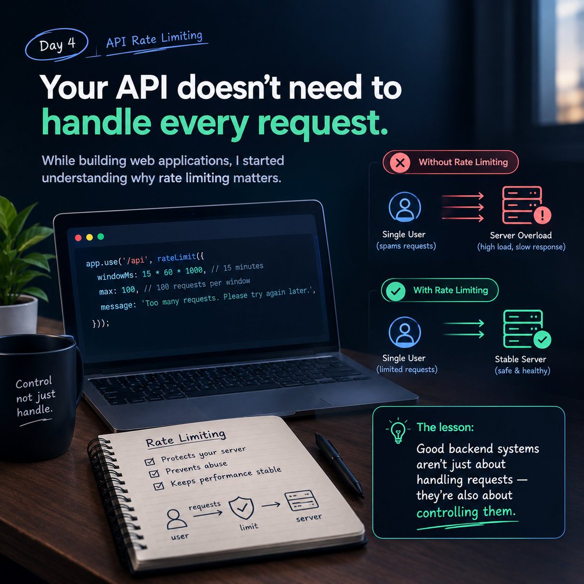 mdsaad_dev's tweet photo. Your API doesn’t need to handle every request.

That’s why rate limiting matters.

One user can send thousands of requests and overload your server.

Good backend systems don’t just handle requests — they control them.

#BackendDevelopment #APIs #WebDevelopment https://t.co/ilA6ntiXLd