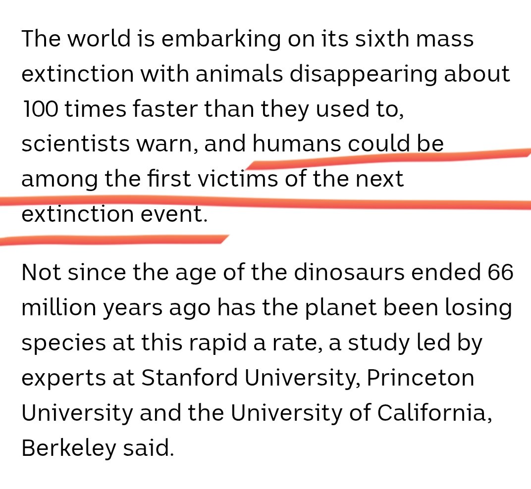 ClimateBen's tweet photo. FYI:  6th mass extinction study, described by its authors as "conservative", said humans were likely to be among the species lost. "If it is allowed to continue, life would take many millions of years to recover and our species itself would likely disappear early on" ~G. Ceballos https://t.co/QBoZ7jkM9g