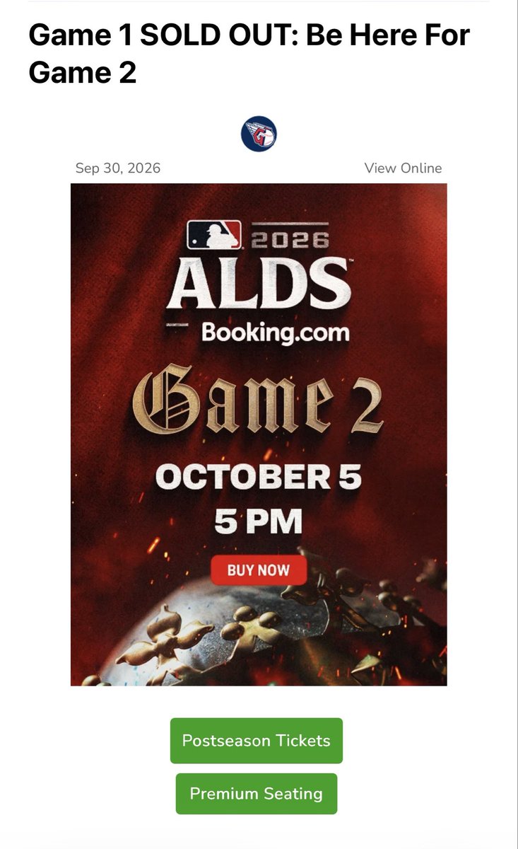 ProblemsMlb's tweet photo. Cleveland Guardians Email from 3 days ago. “GAME 1 SOLD OUT”. Better buy game 2 now. 3 hours to game time today….box office inventory for said SOLD OUT GAME. Teams need to stop playing ticket inventory games https://t.co/IKJtasetdx