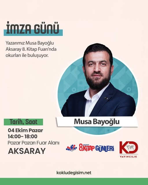KokluDegisim's tweet photo. Musa Bayoğlu Aksaray’da: Kitap Fuarı’nda İmza Günü, Temsilcilikte Gazze Paneli

📢Bayoğlu, 4 Ekim Pazar günü hem Aksaray 8. Kitap Günleri’nde okurları için kitaplarını imzalayacak hem de Köklü Değişim Aksaray Temsilciliği’nde düzenlenecek özel bir panelle gündemi değerlendirecek.

#KitapGünleri📚
#7Ekim