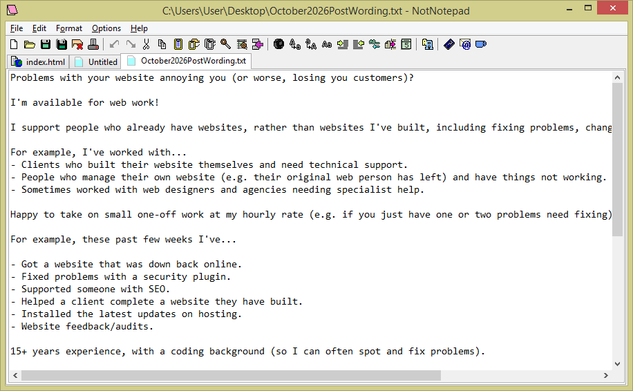 LibraryPlayer's tweet photo. New product!

Thought I'd set myself a challenge and create a simple text editor, and here's the result - NotNotepad.

Ideal for plain text, code, and unformatted text. A range of tools and options to help you edit text.

Available for free at: https://t.co/OPOch38XBB

#earlybiz https://t.co/clIVBVwR1q
