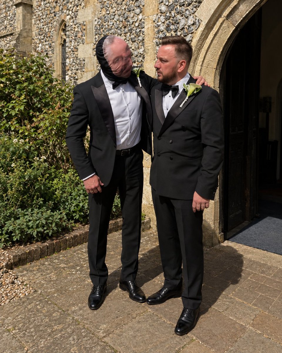 AwayDaysFB's tweet photo. Jason Cundy showed up at Jamie O’Hara’s wedding in an Ange Postecoglou mask. 😭

You really have got to respect the effort from him here 🤣 https://t.co/KqghXhyJuD