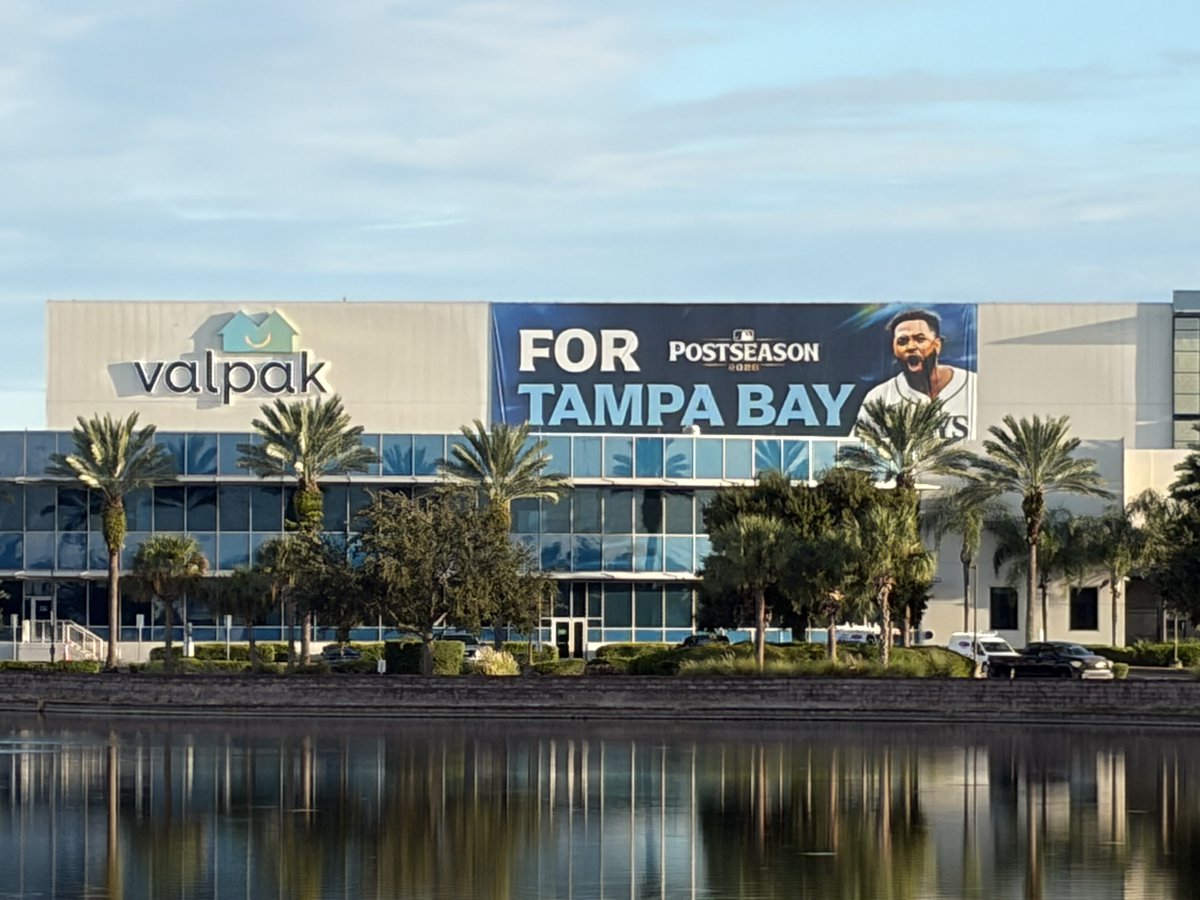 Valpak's tweet photo. Our headquarters is a few miles from the Trop. We're proud to partner with our home team, and want everyone on I-275 to know it. Check out the banner on our manufacturing center, featuring All-Star Third Baseman Junio Caminero.

Let's go, Rays. ⚾💙

#RaysUp #StPete https://t.co/kgOQbB8EWA