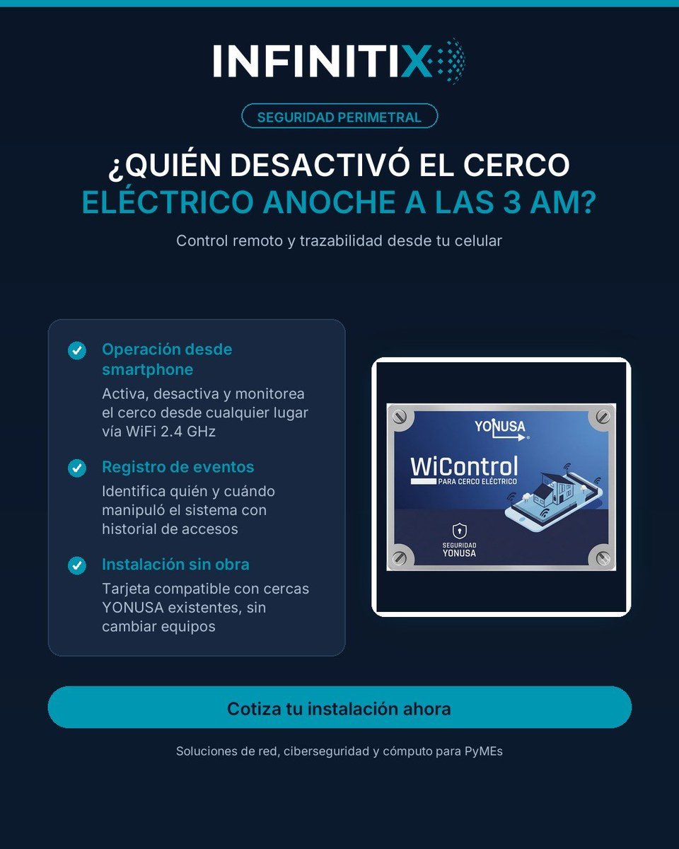 Infinitixgroup's tweet photo. ¿Quién desactivó el cerco eléctrico de tu bodega anoche? Sin trazabilidad, nunca lo sabrás. La tarjeta WiFi TARJETWIFICONTROL registra cada operación desde tu celular: quién, cuándo y desde dónde. Control real de tu perímetro. #SeguridadPerimetral https://t.co/9HgtcRd1rW