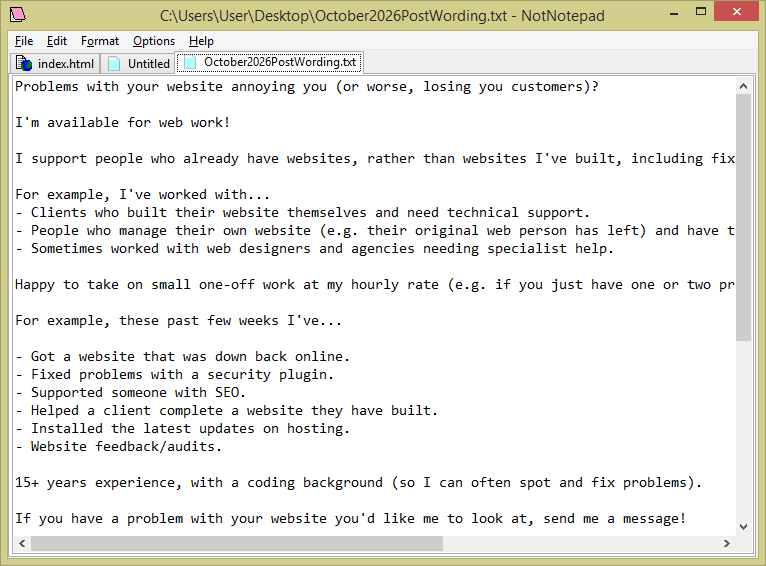 LibraryPlayer's tweet photo. New product!

Thought I'd set myself a challenge and create a simple text editor, and here's the result - NotNotepad.

Ideal for editing plain text, code, and unformatted text. A range of tools and options to help you edit text.

Available for free at: https://t.co/OPOch38XBB https://t.co/1eA2D3KcMZ