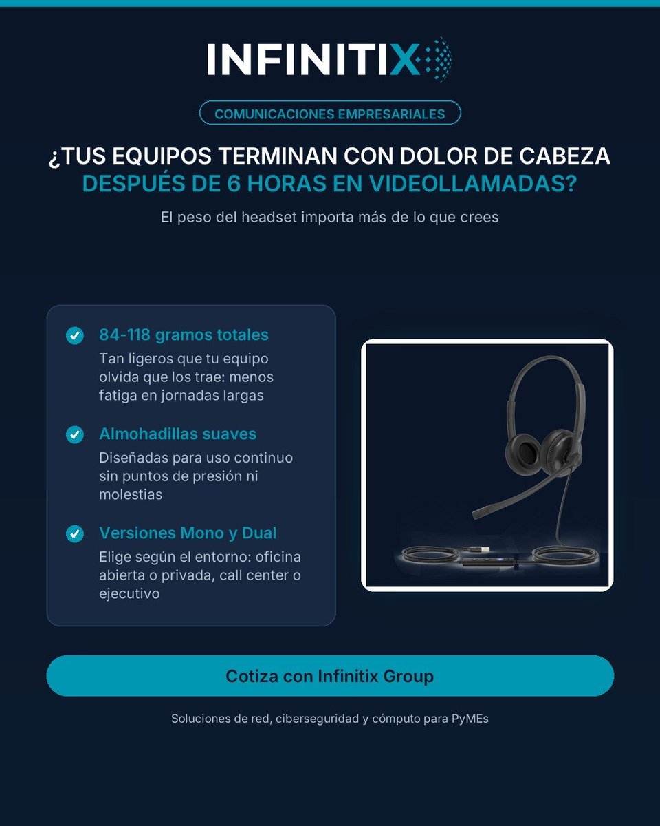 Infinitixgroup's tweet photo. ¿Tu equipo termina con dolor de cabeza después de 6 horas en llamadas? El peso del headset importa: los Yealink UH34 pesan 84-118g (menos que tu celular) con almohadillas para jornadas completas. Versiones Mono y Dual según tu operación. #Productividad https://t.co/tgC8RaPk0O