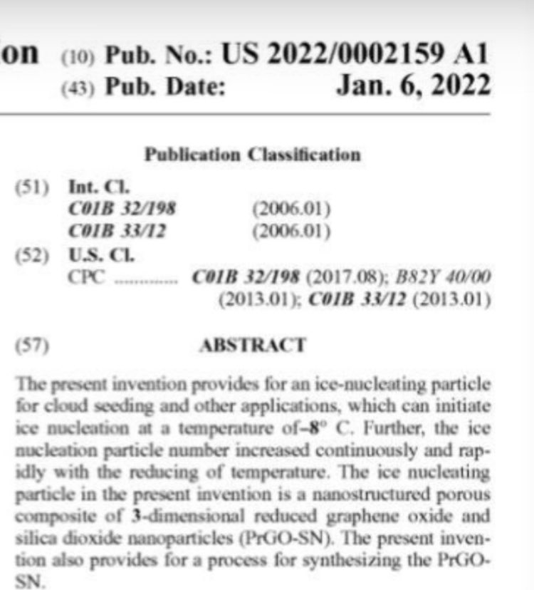 TheQNewsPatriot's tweet photo. Normies: “There’s no such thing as graphene oxide being sprayed into the atmosphere to induce ice formation, thereby causing unnatural winter weather events laced with a toxic-to-all-life aerosolized particulate”

The US Government: “We should have listened to CNN and not published US Patent Number 2022/0002159 A1, ‘3D REDUCED GRAPHENE OXIDE/SIO 2 COMPOSITE FOR ICE NUCLEATION’, with an Abstract that states: ‘The present invention provides for an ice-nucleating particle for cloud seeding and other applications, which can initiate ice nucleation at a temperature of-8° C. Further, the ice nucleation particle number increased continuously and rapidly with the reducing of temperature’”.