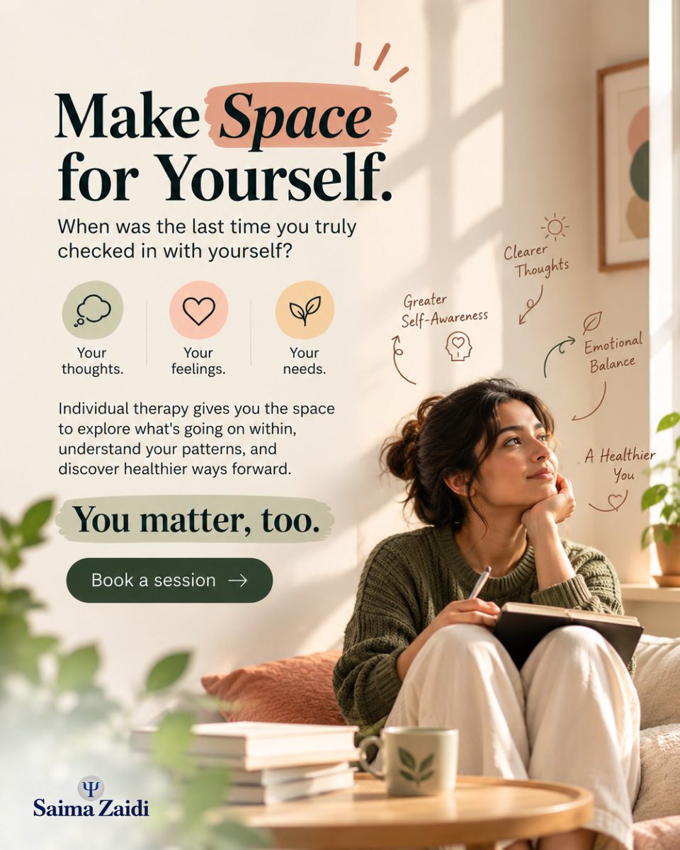 saimazaidi_'s tweet photo. When was the last time you put yourself first? 💚

Amid the responsibilities, expectations, and everyday challenges, it's easy to overlook your own needs.
Individual therapy offers a supportive space to understand your emotions, recognise patterns, and find healthier ways forward https://t.co/xXlTZAKiXu