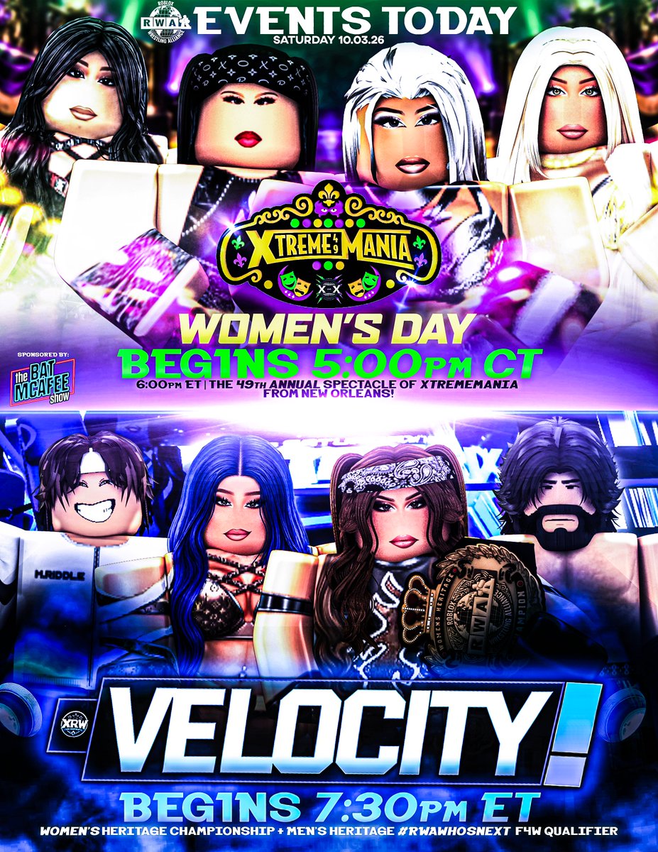 RWAMedia's tweet photo. RWA's SATURDAY IS LOADED🔥

🎭 @XWENetwork: XTREMEMANIA: WOMEN’S DAY
6:00 PM ET | Live from @CaesarsDome
⚡ @XRWNation: VELOCITY
7:30 PM ET, including a Women’s Heritage Championship + Men’s Heritage #RWAWHOSNEXT F4W Qualifier!

Two RWA federations TAKE-OVER Saturday night & we HOPE to see you tag along! 😉