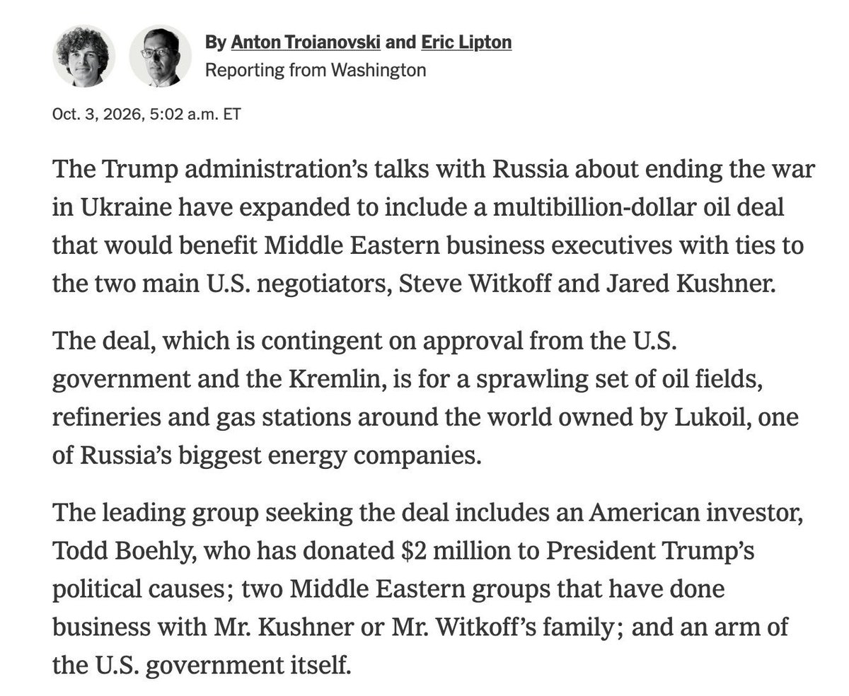 DarrigoMelanie's tweet photo. Trump’s son-in-law, who has no official government role and no federal security clearance, is leading negotiations with Russia that include multi-billion dollar oil deals that directly benefit his business partners and investors.

This is what oligarch corruption looks like. https://t.co/DpnUln1ARV