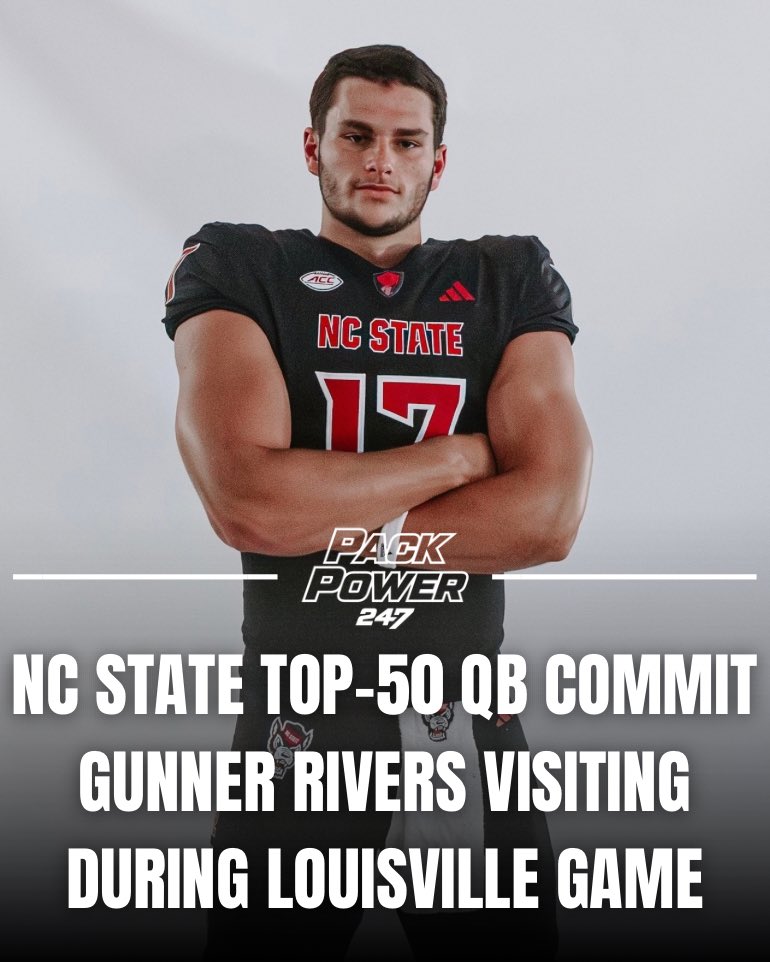 RCorySmith's tweet photo. ICYMI: Gunner Rivers is set to return to NC State campus for the Louisville game on Saturday.

The No. 4 QB in the 2027 class confirmed the visit on Friday, which will mark his second game day visit inside Carter-Finley Stadium.

✍️: https://t.co/zB0g5kLa6o https://t.co/RTjFJNZ3CP