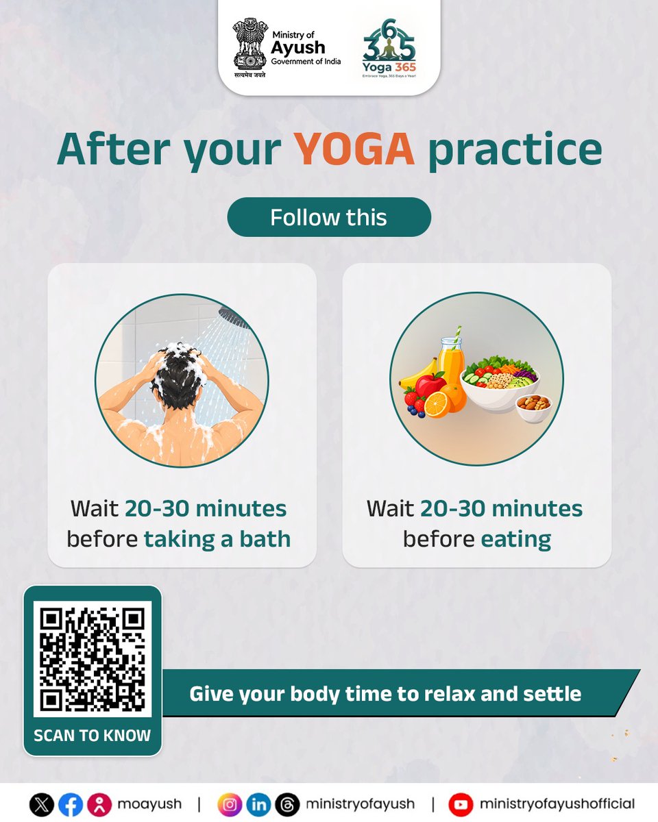 moayush's tweet photo. Give your body time to relax and settle after Yoga practice!

Wait 20 to 30 minutes before taking a bath or having a meal, and allow yourself a moment of calm before returning to your routine.

#Yoga365 #Yoga #YogaPractice #MindfulLiving #Wellbeing

@PMOIndia | @narendramodi | @mpprataprao | @secymoayush | @DirectorCcryn | @mdniy | @PIBIndia | @PIBAYUSH | @DDNewslive | @sansad_tv | @AIRNewsHindi I @mygovindia |