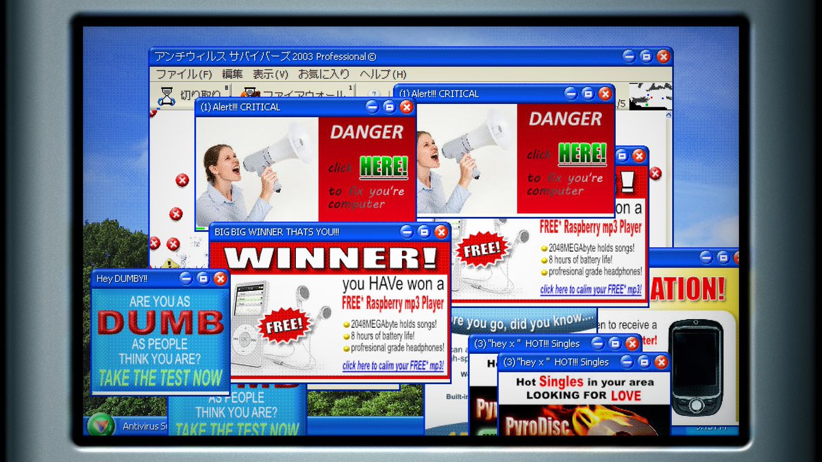 _ffx0's tweet photo. ・Antivirus Survivors 2003 Professional
Windows XPなモノと画面でやるヴァンサバライク

何か見覚えがあるやつが色々と出てくる。
エラー音の音MADが見たくなるやつ。

DVDの跳ね返るロゴが強い。

https://t.co/BQvJvzbLwk https://t.co/cRjQyTxKXo