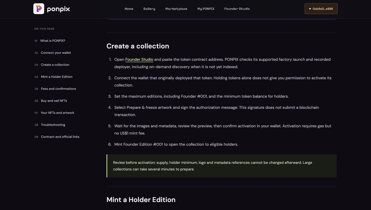 PonpixdotFun's tweet photo. New to PONPIX? Start with the docs 📖

Follow the step-by-step guide to connect your wallet, create a collection, and mint your first NFT. Check the requirements and fees before you confirm.

Read the guide → 
https://t.co/8W8Kaa1bFh https://t.co/oUM7w97QD8
