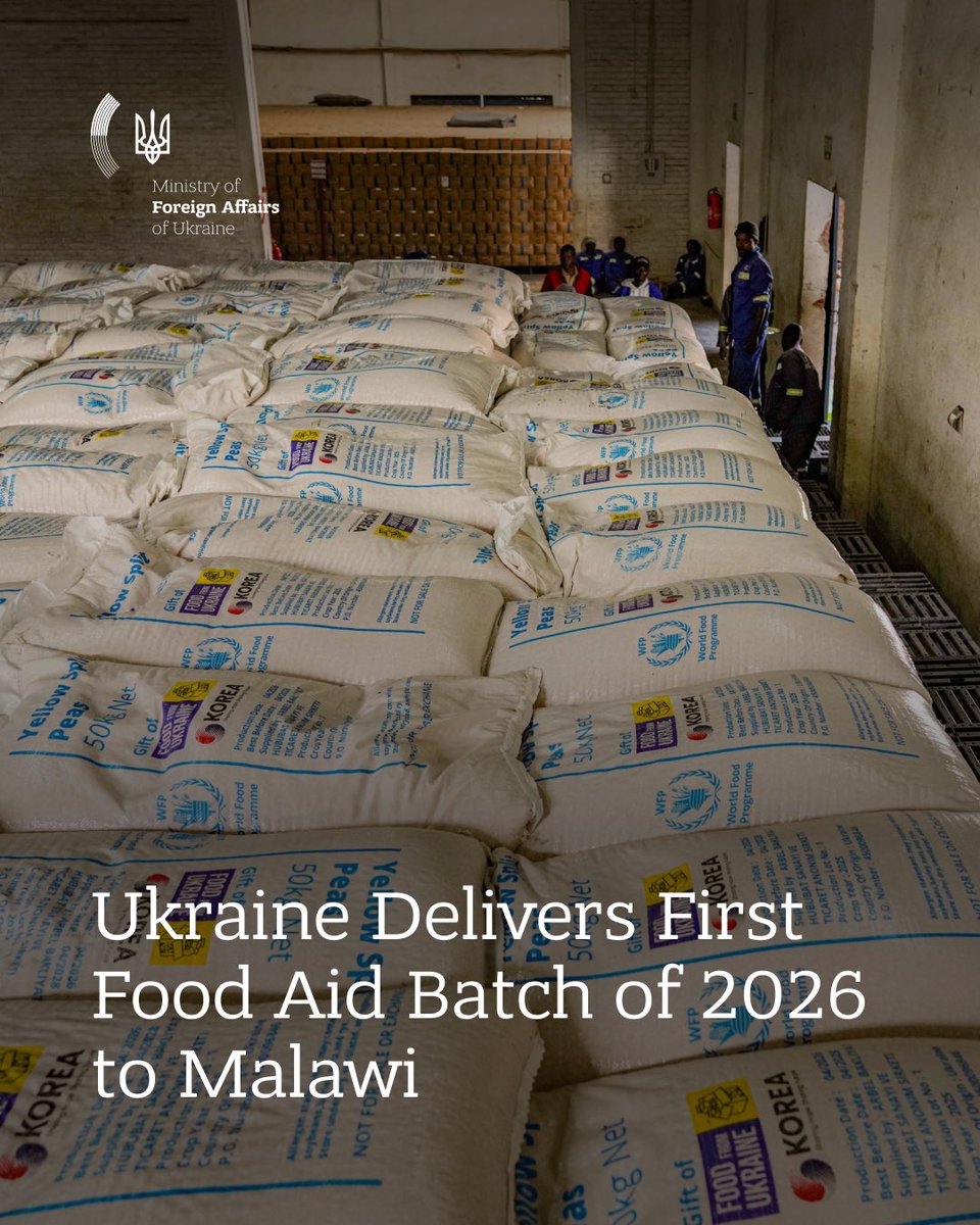 MFA_Ukraine's tweet photo. 🌾 The first batch of Ukrainian food aid for 2026 has arrived in the Republic of Malawi under President of Ukraine Volodymyr Zelenskyy’s humanitarian initiative, “Food from Ukraine”. The aid will support around 600,000 people facing acute food insecurity.

A total of 5,350 tonnes of Ukrainian food – including yellow split peas and vegetable oil – is to be delivered to Malawi under the operation. The aid comes at a critical time, ahead of Malawi’s peak lean season. The project is funded by the Government of the Republic of Korea and implemented in close cooperation with the UN World Food Programme (WFP) and the Government of Malawi.

Even while fighting Russian aggression, Ukraine remains a responsible partner, a global donor and a contributor to international security.
Russia continues to systematically target Ukraine’s port cities, grain terminals and agricultural infrastructure, seeking to weaponise hunger and fuel a global food crisis.

Ukraine is responding in the opposite way: continuing to produce and export food and directing it to those who need it most. “Food from Ukraine” is a practical contribution to global food security and support for countries and communities most affected by hunger and humanitarian crises.