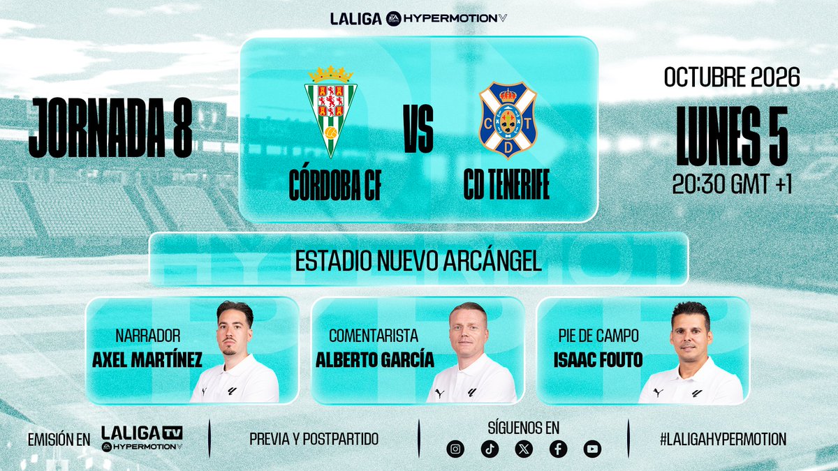 LaLiga2's tweet photo. 📺 ¡@CordobaCF_ofi y @CDTOficial cierran la jornada 8! ¿Quién se llevará el duelo?

🎙️ @AxeeL
🎙️ @1Alberto_Garcia
🎙️ @isaacfouto 

#AbiertoXLALIGAHYPERMOTION | #LALIGABROADCASTERS https://t.co/CEaTrQU8WT