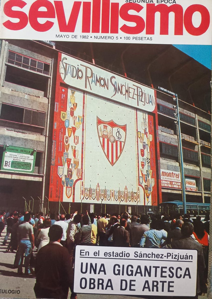 PatrimonioSFC's tweet photo. Entrevista a Santiago del Campo, autor del mosaico de preferencia del Estadio Ramón Sánchez-Pizjuán, publicada en la revista "Sevillismo" número 5 (mayo de 1982).

Desde su inauguración el mosaico es una seña de identidad del @SevillaFC 

Patrimonio Sevillista. https://t.co/Px0U9YBSk0