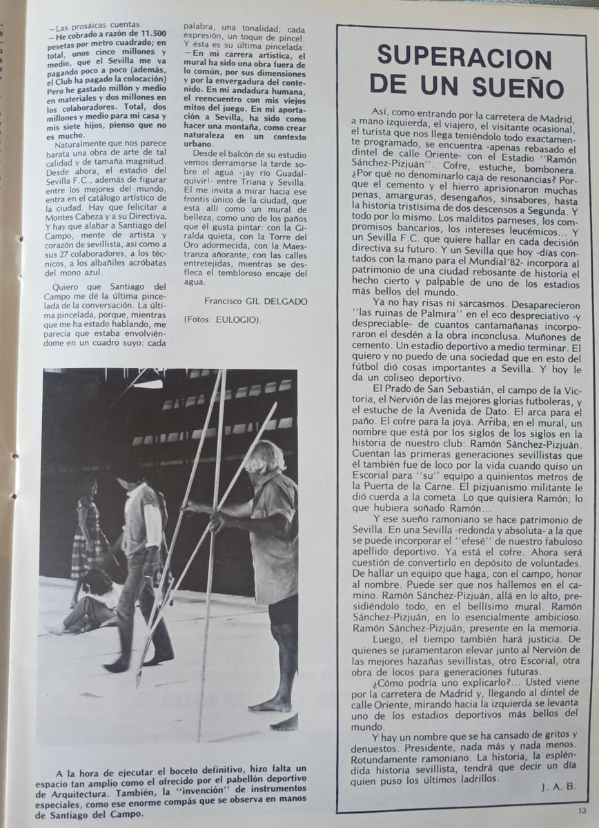 PatrimonioSFC's tweet photo. Entrevista a Santiago del Campo, autor del mosaico de preferencia del Estadio Ramón Sánchez-Pizjuán, publicada en la revista "Sevillismo" número 5 (mayo de 1982).

Desde su inauguración el mosaico es una seña de identidad del @SevillaFC 

Patrimonio Sevillista. https://t.co/Px0U9YBSk0